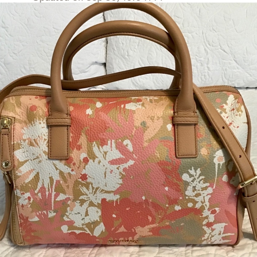 Vera Bradley Pastel Camo-Floral Nude Leather Top Handle Crossbody Satchel Bag